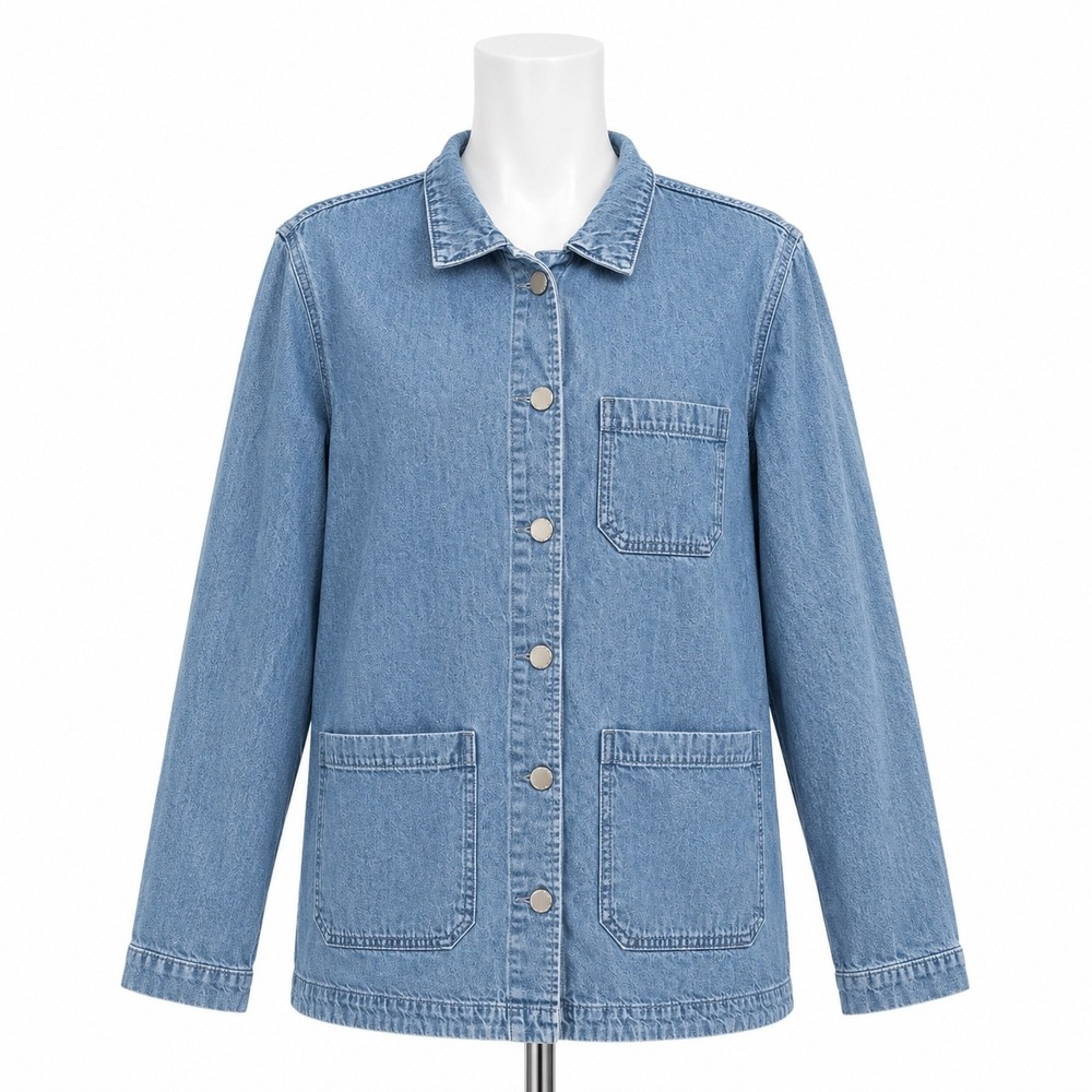 H&M &Denim Jacket Women S Blue Chore Coat Cotton Long Sleeve Button Front Pocket